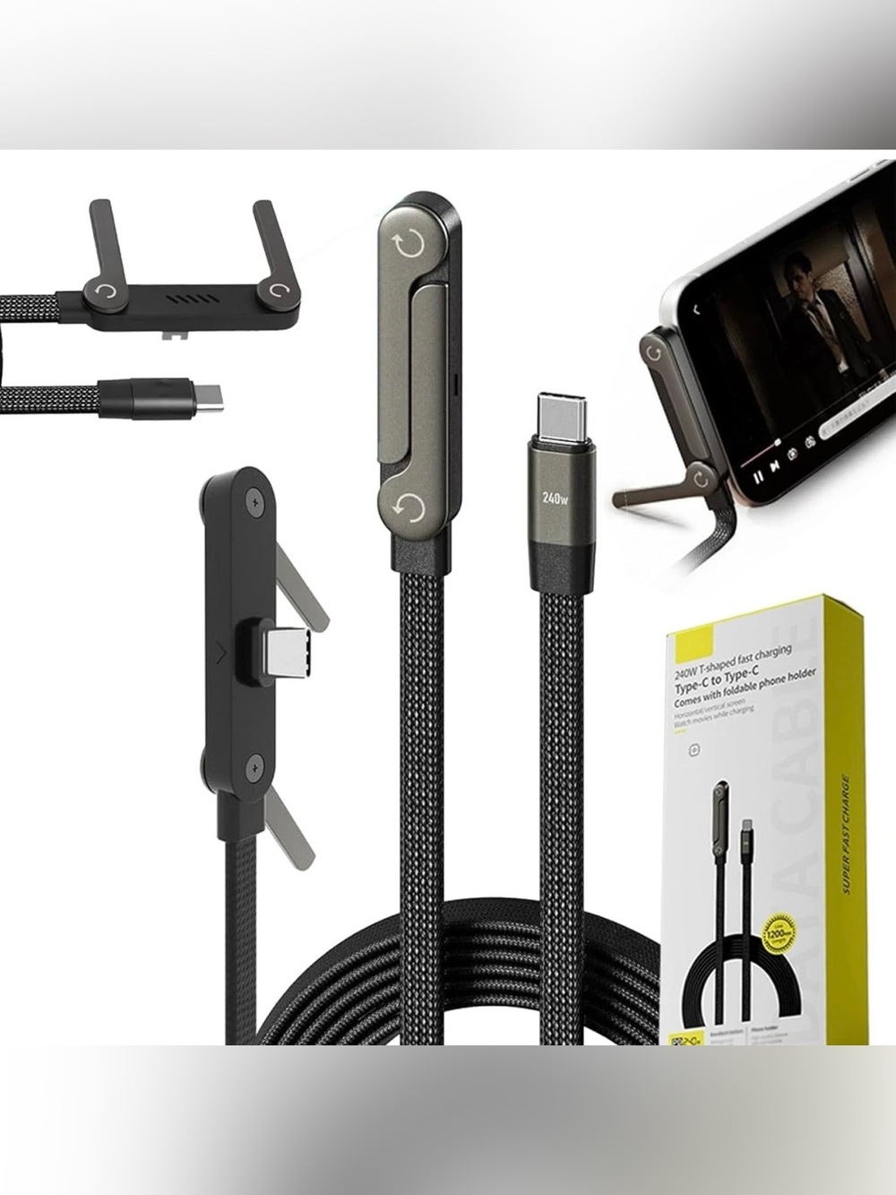 BASEMO 2-IN-1 240W Type C to C Fast Charging Cable with Foldable Phone Stand